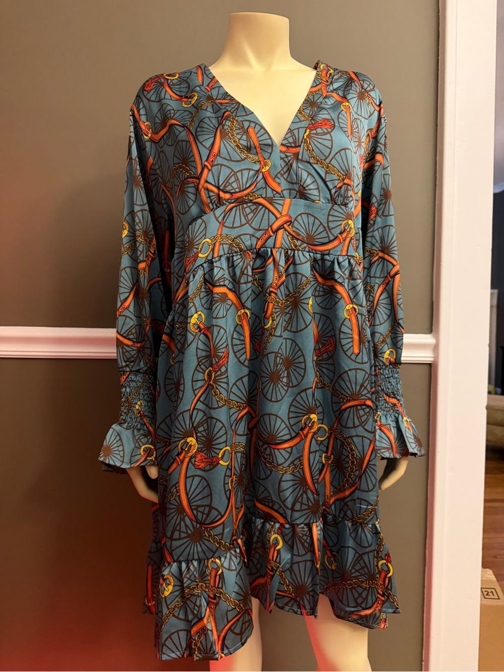 Boho V-Neck Teal & Orange Printed Babydoll Dress